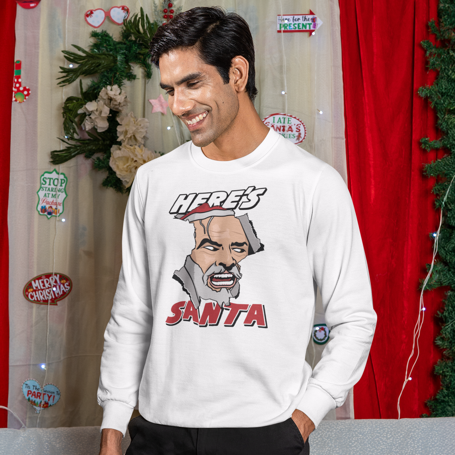 Here's Santa Funny Horror Movie Christmas Jumper